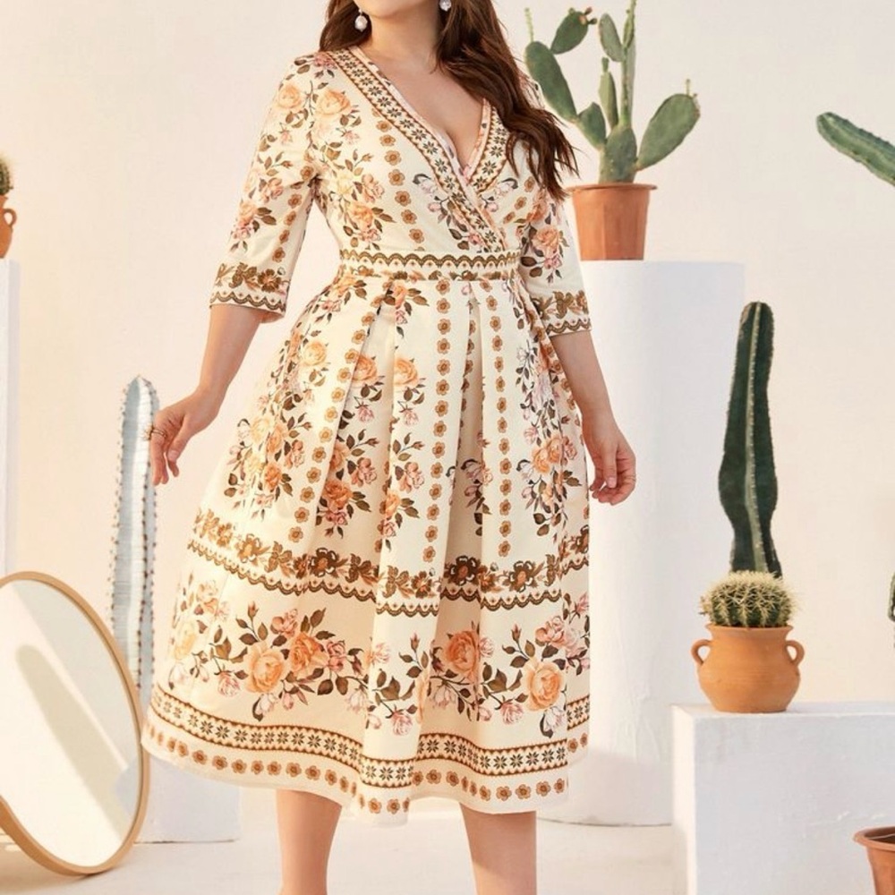 SHEIN Beige Floral V-Neck Midi Dress